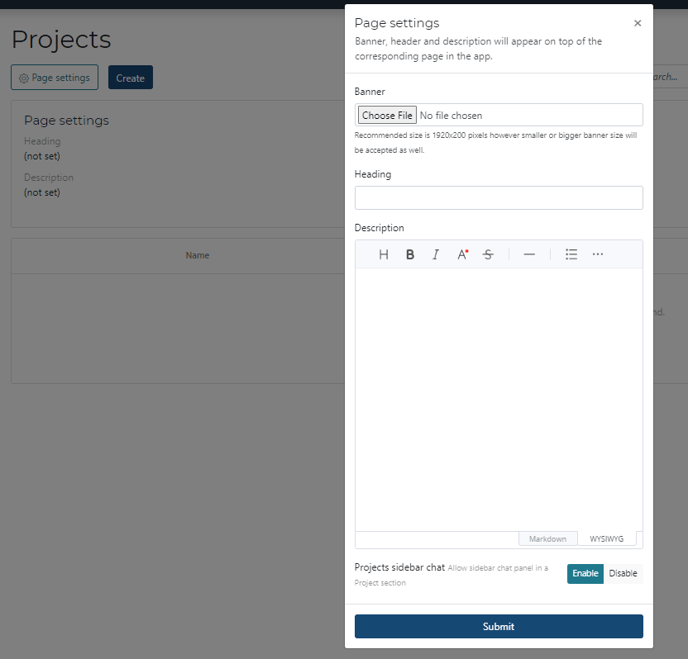 Projects - Page Settings